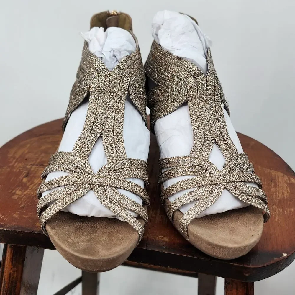 New NWT Azura Gold Glitter‎ Heels Size 37 6.5 - 7